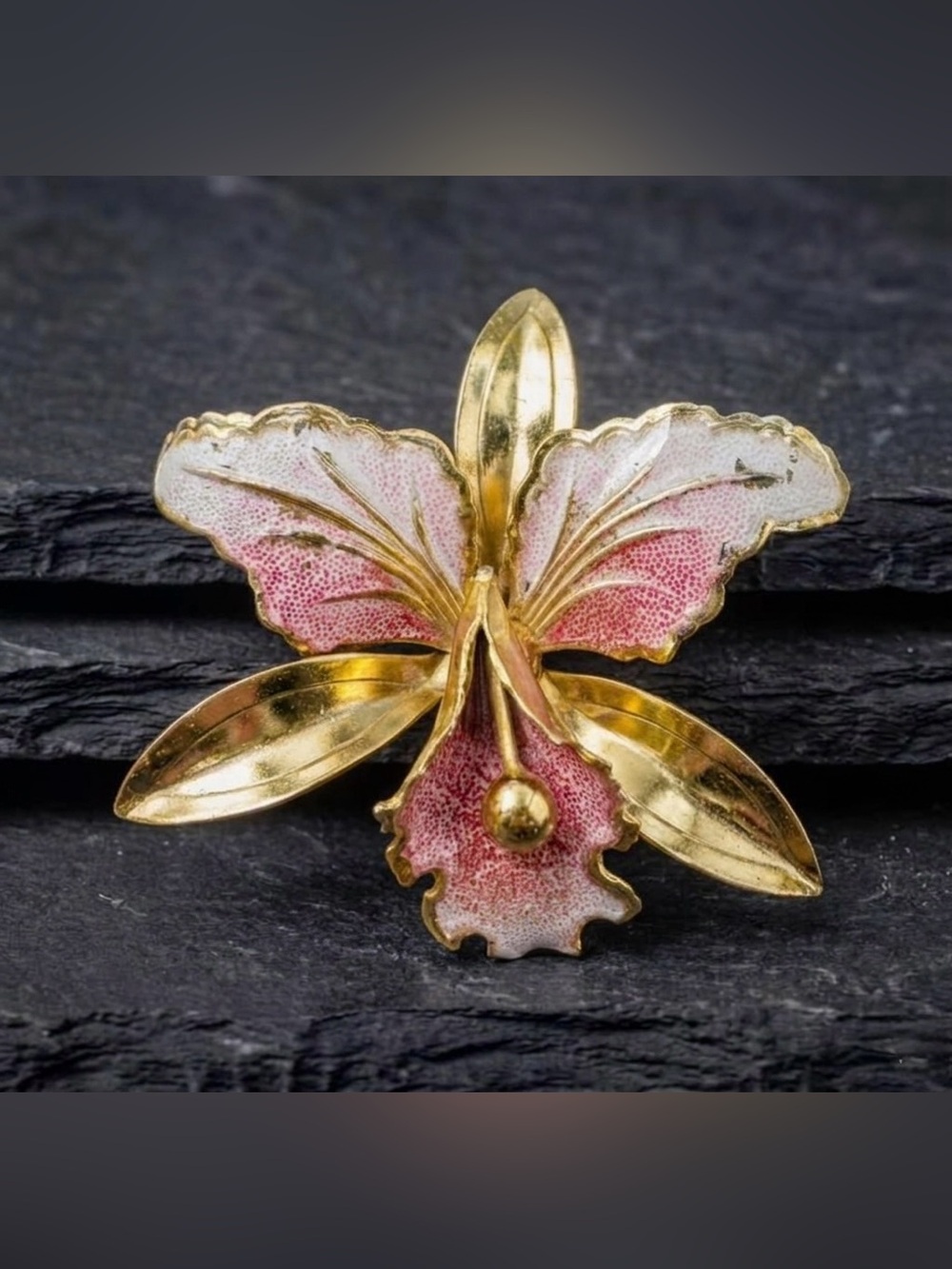 Vintage 60s Pink White Textured Enamel Gilded Orchid Flower Gold Tone Brooch